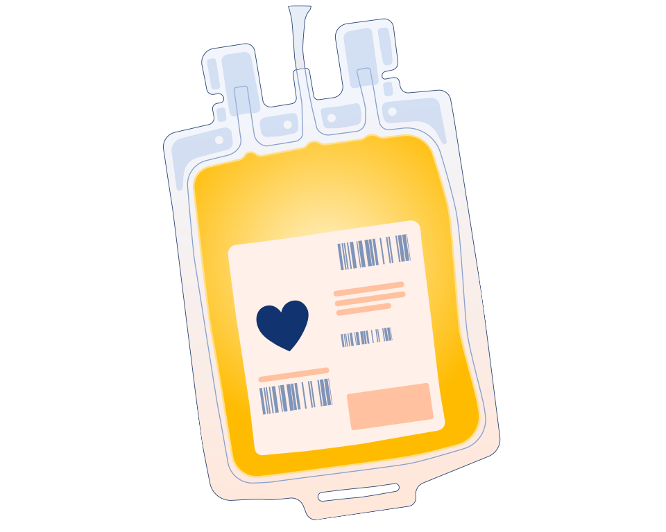 Plasma pouch with a heart on the label.
